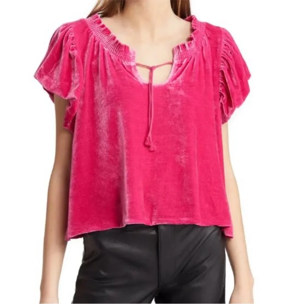 Free People Fuchsia Crop Top Terese Velvet Shorts Puff Sleeve Keyhole Tie Neck - Picture 7 of 16